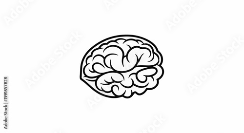 Stylized black and white outline of a human brain on a white background