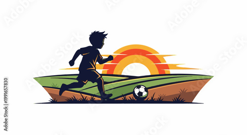 Silhouette of a boy playing soccer in a field at sunset