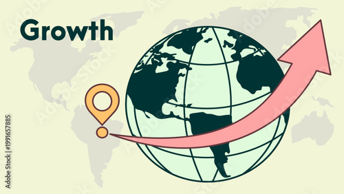 Vector illustration of globe with upward arrow and growth text. International business expansion, global marketing, worldwide success, trade development, and corporate progress concept.