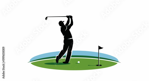 Silhouette of a golfer swinging a club on a green with a flag