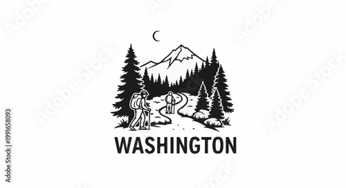 Silhouette hikers ascend a mountain trail amid evergreen trees under a crescent moon