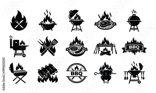 Barbecue grill icon set, 15 black BBQ vector silhouettes with fire flames, outdoor cooking equipment and meat grilling symbols for restaurant menus