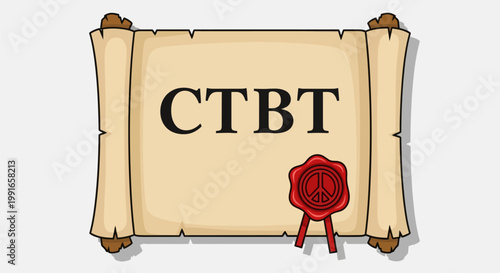 Old antique scroll parchment paper with CTBT text and red wax seal.