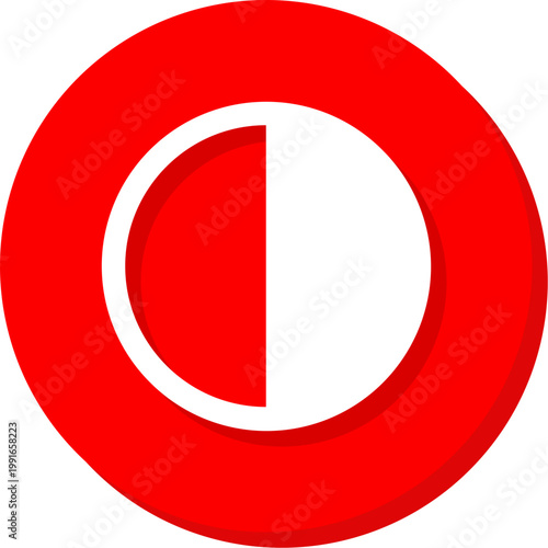 White half circle contrast symbol on red round icon for photo editing and display settings