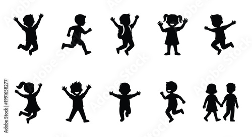 Happy children silhouettes set, 10 active kids jumping and running vector icons, black school student figures for education and play design