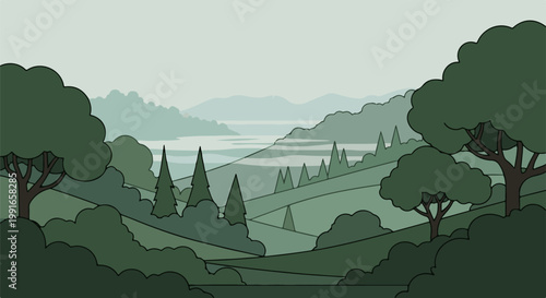 Serene landscape of rolling green hills meeting a calm, misty body of water