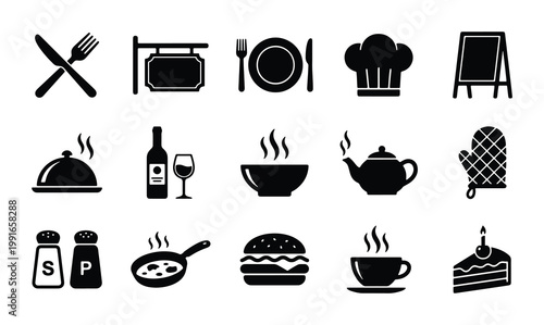 Restaurant and kitchen icon set, 15 black solid vector symbols for cafe menu design, culinary and dining equipment collection for catering