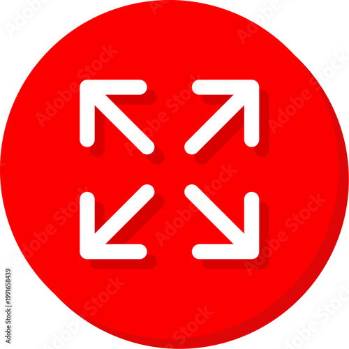 White four arrows expanding icon on red circle for full screen and resize functions