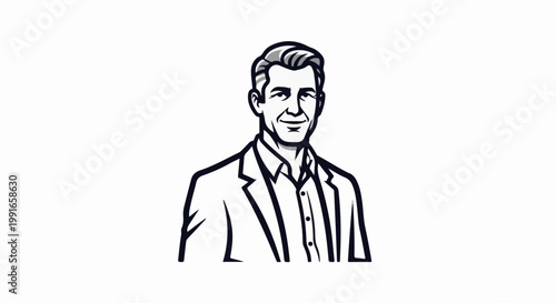 Stylized black and white portrait of a smiling man in a suit