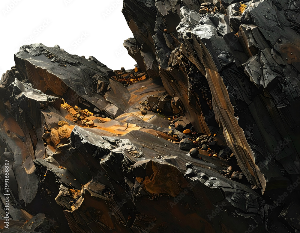 Fototapeta premium Jagged dark mineral formations with golden mineral veins