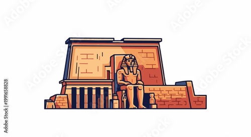 Stylized ancient Egyptian temple with a seated pharaoh statue and hieroglyphs