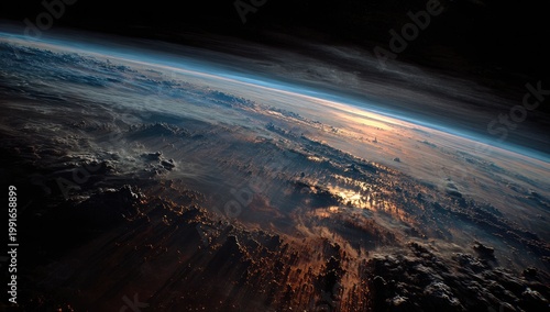 A breathtaking view from space showcases a dramatic interplay of light and shadow across a textured Earth, highlighting the planet's atmospheric beauty and geological formations.