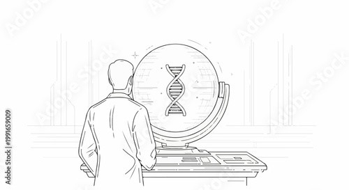 Scientist observes DNA helix displayed on a futuristic globe in laboratory