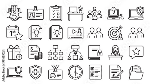 Employee benefits, onboarding, and business management outline icon collection for HR platform, corporate training, or professional UI design