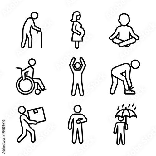 People Life Stages and Everyday Situations Outline Icons Set — Elderly, Pregnant, Yoga, Wheelchair, Stretching, Backache, Delivery, Sick, Rainy Day