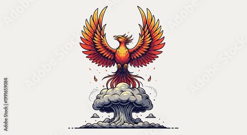 Majestic Fire Phoenix Rising Above A Massive Explosive Cloud.