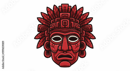 Stylized ancient red tribal mask with feathered headdress