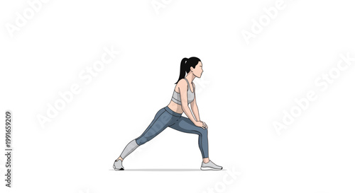 Illustrated woman stretches in a lunge position against a white background, depicting a concept for a city marathon running event that emphasizes health and fitness in a clean