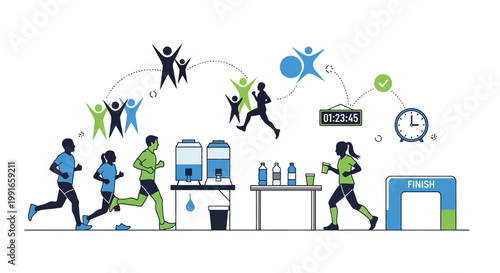 Against a white backdrop, a vibrant illustration depicts a city marathon running concept, showing runners advancing past hydration stations, with joyful stick figures cheering them