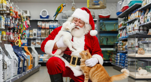 Man dressed as Santa Claus petting a puppy and cat in a pet store. Christmas shopping for pet supplies and gifts. Festive animal adoption event.