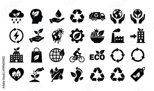Eco friendly ecology icon set, 28 black vector symbols for environmental sustainability, green energy and recycling collection for web design