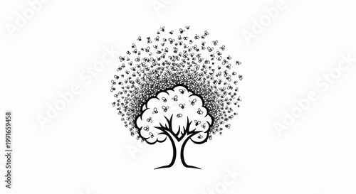 Stylized black and white tree with numerous tiny flying insects forming its canopy