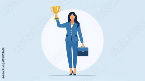 A successful businesswoman in a blue suit stands confidently, holding a golden trophy high in one hand and a briefcase in the other, symbolizing achievement and victory. flat vector