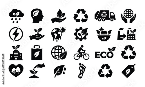 Eco friendly icons set, 24 black environmental sustainability vector symbols, green energy and recycling signs for corporate social responsibility