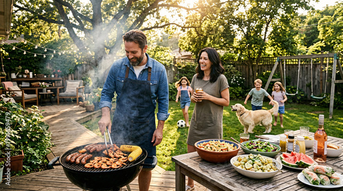 Family barbecue in a sunny backyard with children playing and a dog beside the grill