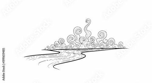 Stylized black and white sketch of a flowing river with swirling mist or clouds above