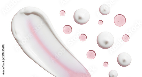 Cosmetic cream smear and various skincare serum drops isolated on transparent background