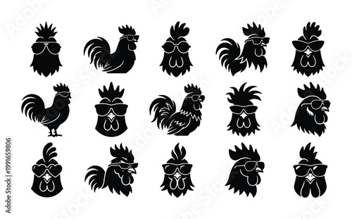 Cool rooster silhouette collection, 15 black chicken icons wearing sunglasses, funny farm bird vector set for logo design and apparel printing