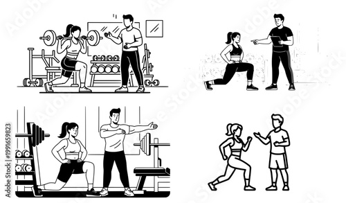 Sporty Woman Training with Personal Coach Black and White Vector Illustration