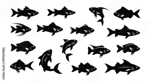Black fish silhouette collection, set of 16 aquatic animal icons, minimalist sea life vector illustrations for fishing logos and marine design