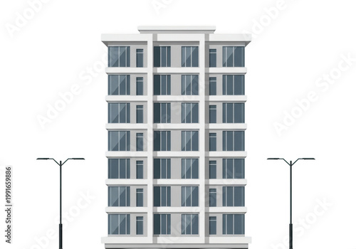 Modern apartment building facade with street lamps, flat vector illustration of a multistory residential house isolated on transparent background