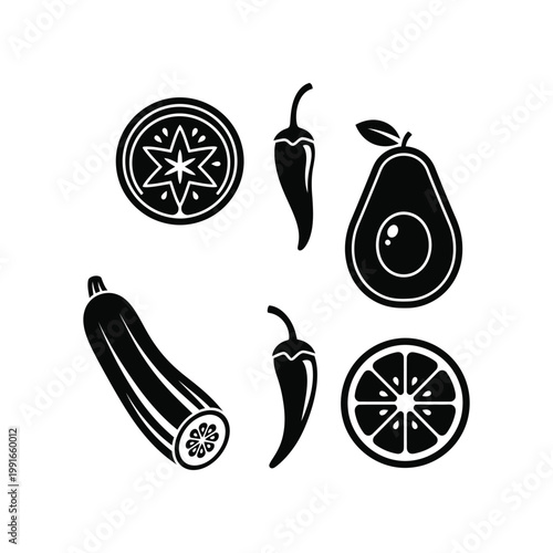 Black silhouette icon set of various healthy food items including avocado tomato cucumber and chili peppers for grocery store branding design