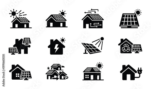 Solar energy house icons set, residential solar panel system vector collection, sustainable home power symbols, renewable green energy technology