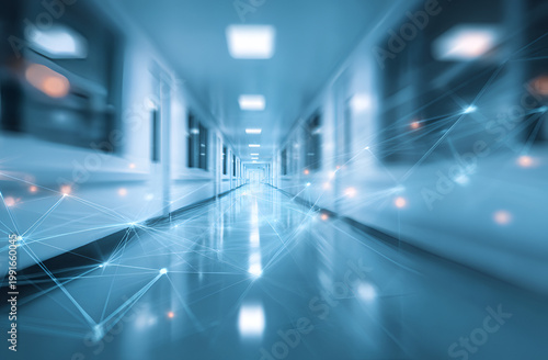 Futuristic hospital corridor with glowing network connections.