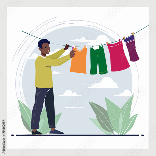 Man Hanging Laundry to Dry on a Clothesline Outdoors