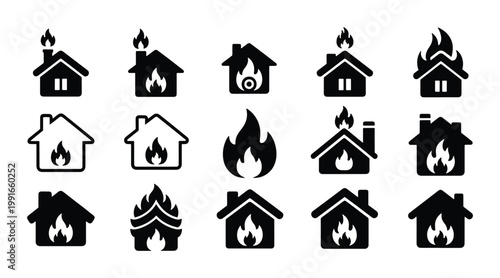 House fire icons set, burning home symbols for insurance and safety, 15 black vector silhouettes of residential buildings on fire