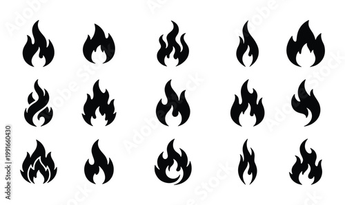 Black fire flame icons set, 15 minimalist bonfire vector symbols, flat silhouette heat and energy signs for logo design and web interface