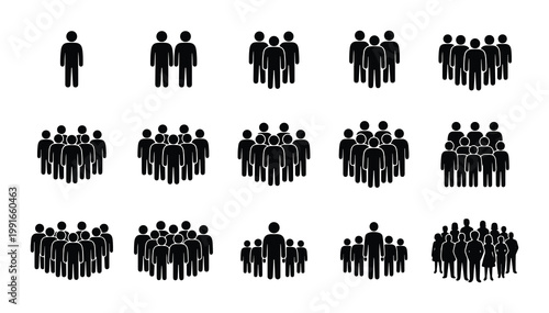 Foto Minimalist people icon set, black silhouette crowd and group symbols, 15 vector