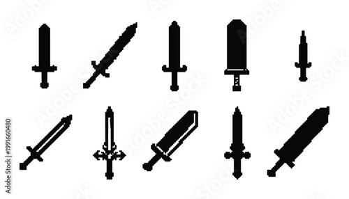 Medieval sword silhouette icons, collection of 10 fantasy blade vector elements, black weapon symbols for gaming and ui design