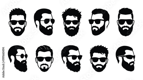 Bearded man head icons with sunglasses, set of 10 male face silhouettes with different hairstyles, black and white barbershop vector graphics