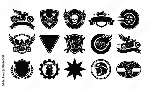 Vintage motorcycle club badges and biker emblems, set of 15 black vector icons, retro garage workshop insignias with skulls and wings