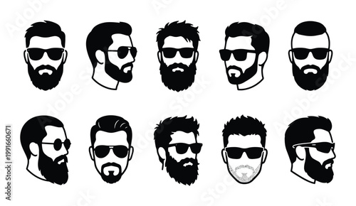 Bearded man head silhouettes with sunglasses, collection of 10 male avatar icons, barbershop grooming and hipster style vector set for branding