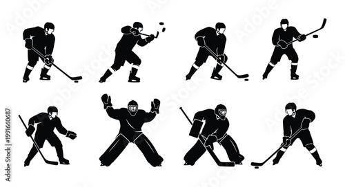 Ice hockey player silhouettes set, 8 professional athlete vector icons, black and white sports action poses, goalie and skater figures for team logos