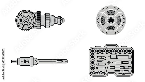 Precision and Power: An assembly of essential automotive tools, presented in detailed line art, ready to facilitate intricate tasks with accuracy and efficiency.