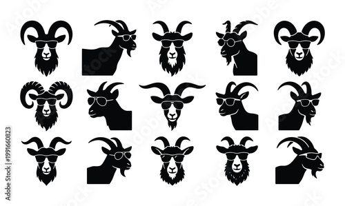 Cool goat head icons with sunglasses, 15 black vector goat silhouettes with horns, funny farm animal mascot set for apparel and logo design