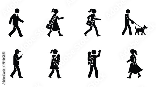 Walking people stick figure icons set, black silhouettes of pedestrians on white background, diverse urban crowd characters vector illustration
